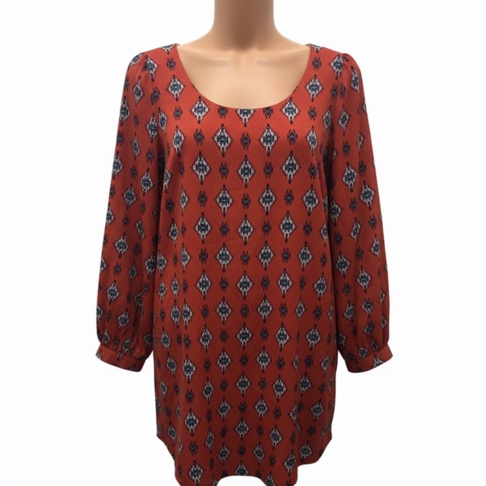Boho Orange Red Geometric Womens Large Shift Dress Scoop Neck Long Sleeve USA‎
